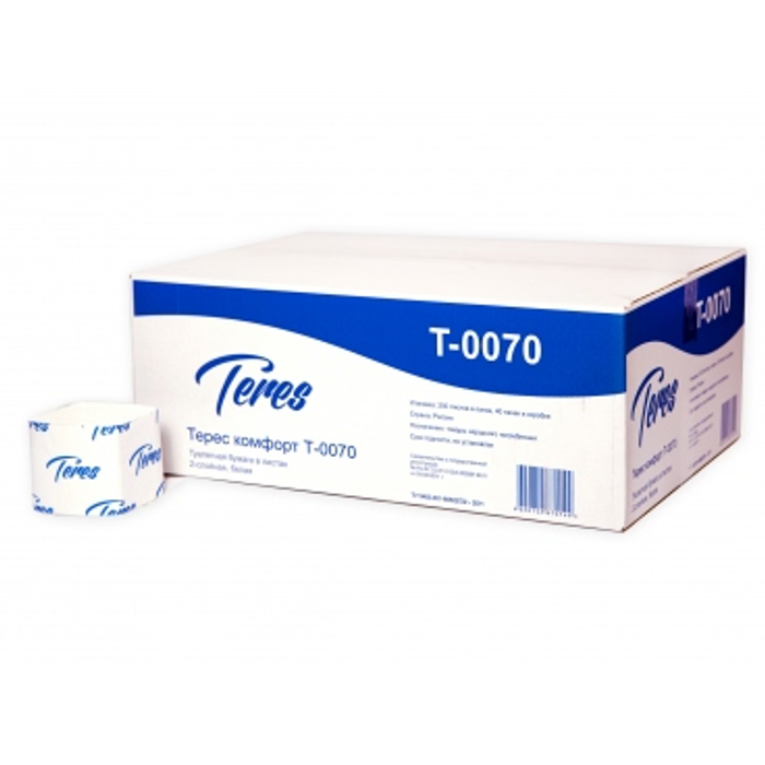 Туалетная бумага листовая Терес Комфорт 2-сл, 250 л, 100% целлюлоза, Т-0070