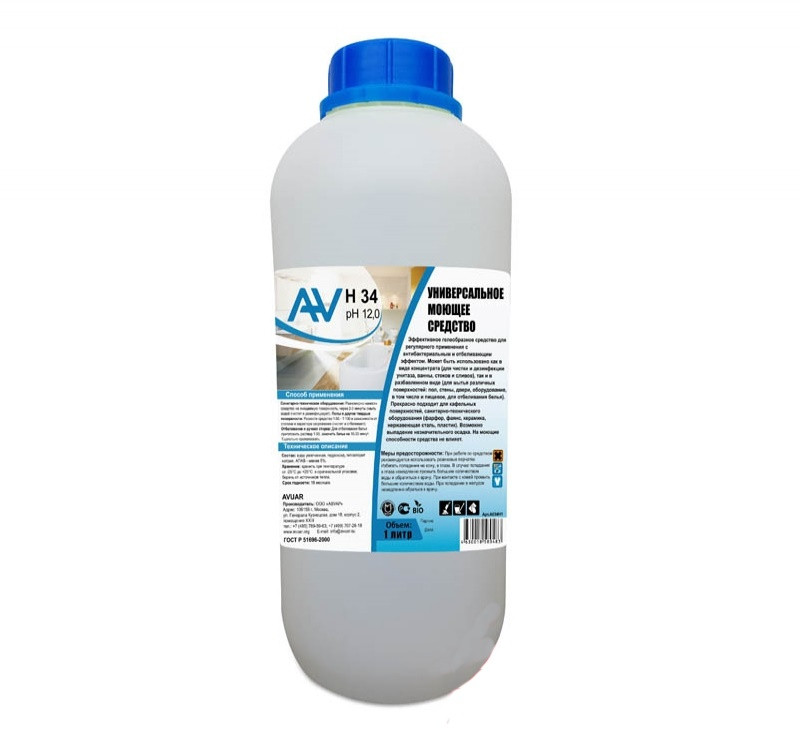 Средство для мытья сантехники 1л AV H-34 для отбеливания и дезинфекции щелочное